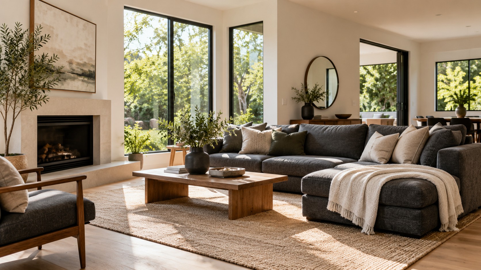 A bright, tidy living room with natural wood floors and comfortable furnishings